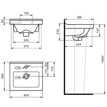 Умывальник с пьедесталом SANTERI 'ВИЗИТ 40' 1.3117.3.S00.11B.0/1.3605.3.S00.00B.0 цвет белый, картинка 3