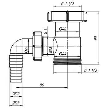 Отвод для стиральной машины АНИ М110 1-1/2', картинка 2