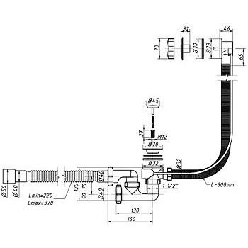 Обвязка под ванну ОРИО А-28089 1-1/2'х40 мм полуавтомат регулируемая с гибкой трубой 40х40/50 мм, картинка 2