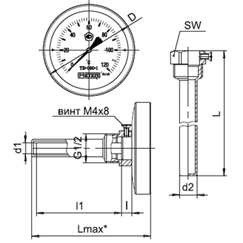 Термометр МЕТЕР Дк631/2' осевой горизонтальный (L=60мм), картинка 2