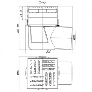 Трап сливной горизонтальный АНИ TQ1612 выпуск D=110, решетка 150х150 'сухой сифон', картинка 2