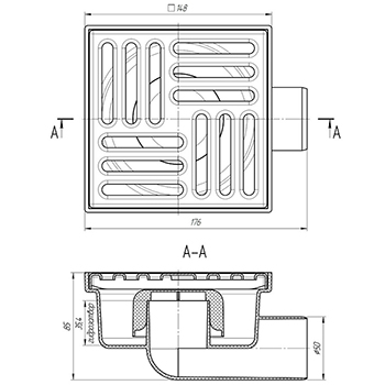 Трап сливной АНИ TA5112 выпуск D=50, решетка 150х150 горизонтальный, картинка 3
