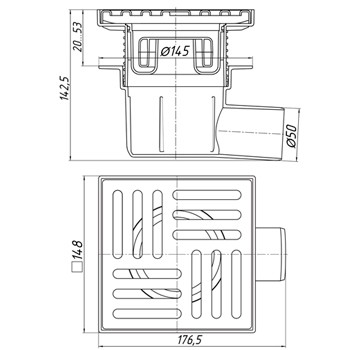Трап сливной горизонтальный АНИ TQ5612 выпуск D=50, решетка 150х150 'сухой сифон', картинка 2