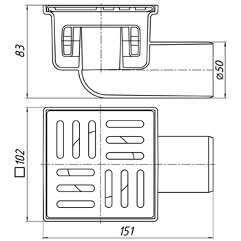 Трап сливной горизонтальный АНИ TQ5102 выпуск D=50, решетка 100х100 'сухой сифон', картинка 2