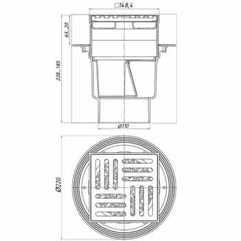 Трап сливной вертикальный АНИ TQ1712 выпуск D=110, решетка 150х150 'сухой сифон', картинка 2